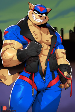 4_fingers abs anthro barazoku biceps big_muscles biped black_claws black_clothing black_finger_claws black_gloves black_handwear blue_clothing blue_headwear blue_jumpsuit brown_body brown_fur brown_nose brown_stripes building bulge chest_tuft city cityscape claws clothed clothed_anthro clothed_male clothing cloud detailed_background evening fangs finger_claws fingerless_gloves fingerpads fingers forearm_muscles front_view fur gloves grin grinning_at_viewer handwear headgear headwear humanoid_hands looking_at_viewer male male_anthro manly mask multicolored_body multicolored_clothing multicolored_fur muscular muscular_anthro muscular_arms muscular_male open_jumpsuit patreon_logo patreon_username pawpads pecs red_clothing sharp_teeth sky smile smiling_at_viewer solo standing striped_arms striped_body striped_fur stripes tail tan_body tan_fur teeth text tight_clothing tuft two_tone_body two_tone_fur unzipped unzipped_jumpsuit vein veiny_muscles zipper zipper_jumpsuit patto hanna-barbera patreon swat_kats chance_furlong domestic_cat felid feline felis mammal artist_name digital_drawing_(artwork) digital_media_(artwork) hi_res portrait shaded three-quarter_portrait url