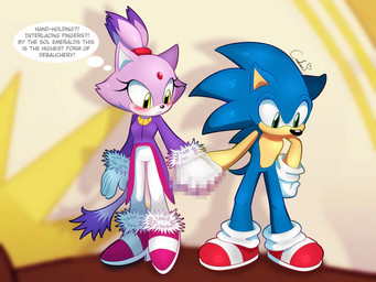 anthro anthro_on_anthro blush breasts clothing duo female female_anthro gloves hand_holding handwear humor interspecies jacket male male/female male_anthro purple_clothing purple_jacket purple_topwear text thought_bubble topwear yellow_eyes andialmodovar sega sonic_the_hedgehog_(series) blaze_the_cat sonic_the_hedgehog domestic_cat eulipotyphlan felid feline felis hedgehog mammal 4:3 censored english_text hi_res