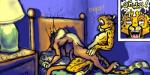 2:1 anthro bed bedroom bodily_fluids breasts cheetah digitigrade duo felid feline female furniture humor inside lion male male/female mammal on_bed pantherine red_eyes rindimo sex sweat