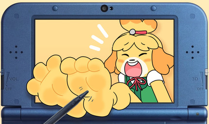 3_toes accessory anthro barefoot blonde_hair buckteeth clothed clothed_anthro clothed_female clothing electronics eyes_closed feet female foot_fetish foot_focus fur game_console green_clothing green_topwear green_vest hair hair_accessory hair_tie laugh nintendo_3ds_console open_mouth open_smile plantigrade smile soles solo teeth tickle_fetish tickling tickling_feet tied_hair toes topwear vest yellow_body yellow_fur compysteps animal_crossing nintendo nintendo_3ds nintendo_ds_family isabelle_(animal_crossing) canid canine canis domestic_dog mammal shih_tzu toy_dog absurd_res hi_res