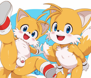 2_tails 5_fingers anthro anus areola balls biped black_nose blue_background blue_eyes blush blush_lines butt cheek_tuft chest_tuft clothing dipstick_tail facial_tuft fingers flaccid footwear foreskin fur genitals glans glistening glistening_eyes gloves hand_on_leg hand_on_own_leg hand_on_own_thigh hand_on_thigh handwear humanoid_genitalia humanoid_penis logo looking_at_viewer male male_anthro markings mismatched_genitalia mismatched_humanoid_penis mismatched_penis mostly_nude mostly_nude_anthro mostly_nude_male multi_tail multicolored_body multicolored_clothing multicolored_footwear multicolored_fur multicolored_shoes multicolored_tail navel nipples open_mouth open_smile partially_retracted_foreskin penis pink_areola pink_glans pink_nipples red_clothing red_footwear red_shoes shoes simple_background smile solo spread_legs spreading tail tail_markings teeth tongue tuft two_tone_body two_tone_clothing two_tone_footwear two_tone_fur two_tone_shoes white_background white_balls white_body white_clothing white_footwear white_fur white_gloves white_handwear white_penis white_shoes white_tail white_tail_tip yellow_body yellow_fur yellow_tail young young_anthro young_male homurabe third-party_edit sega sonic_the_hedgehog_(series) miles_prower canid canine fox mammal 2026 artist_logo censor_removal_edit digital_media_(artwork) hi_res japanese_description
