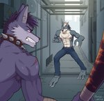 5_toes alley angry anthro barefoot baseball_bat bat_(object) bottomwear clothing collar duo feet fight growling male muscular muscular_male plantigrade spiked_collar spikes toes fiool spike_(fiool) wolf_(fiool) canid canine canis mammal wolf absurd_res hi_res