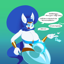 anthro belly_dancer belly_dancer_outfit big_breasts blue_eyes blue_hair breasts cuffs_(clothing) curly_hair dialogue female gold_(metal) hair long_hair magic magic_user null_bulge pointy_ears simple_background small_waist solo text white_body wide_hips sillyseacreatur nintendo pokemon selene_(pokenerd2499) generation_6_pokemon genie meowstic pokemon_(species) 1:1 english_text hi_res