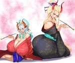 big_breasts big_butt biped blonde_hair breasts butt cleavage clothed clothing duo ear_piercing female hair horn huge_breasts huge_butt larger_female piercing pupils size_difference smaller_female thick_thighs sundown_(artist) one_piece black_maria_(one_piece) yamato_(one_piece) horned_humanoid humanoid 2023 absurd_res hi_res