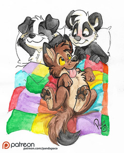 anthro black_body black_fur blush brown_body brown_fur eyes_closed fangs feral fur group logo lying male male_feral on_back open_mouth open_smile patreon_logo smile tan_body tan_fur teeth text tongue tongue_out trio under_blanket white_body white_fur yellow_eyes young young_anthro young_feral young_male pandapaco patreon parinton roni_(imroni) bear border_collie canid canine canis collie domestic_dog giant_panda herding_dog mammal pastoral_dog sheepdog artist_logo signature url