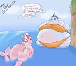 anthro beach belly bikini breath clothing dialogue duo female morbidly_obese obese overweight sea swimwear text two-piece_swimsuit water magicghostslime sooftly nintendo pokemon eeveelution generation_1_pokemon pokemon_(species) vaporeon 2021 absurd_res artist_name dated hi_res