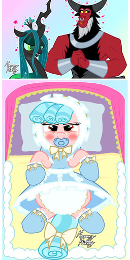 ageplay big_diaper black_sclera blue_hair blush bonnet bottomwear clothed clothing diaper dress facial_piercing fangs female feral green_eyes green_hair group hair headgear headwear heart_symbol horn infantilism male nose_piercing nose_ring pacifier piercing quadruped ring_piercing roleplay spiral spiral_eyes teeth trio underwear wearing_diaper yellow_eyes young mommymidday friendship_is_magic hasbro my_little_pony cozy_glow_(mlp) queen_chrysalis_(mlp) tirek_(mlp) arthropod changeling_(mlp) hi_res