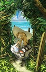 ambiguous_gender bag blonde_hair blue_eyes braided_hair clothing cloud duo eyelashes female feral green_eyes hair hat headgear headwear holding_another looking_at_viewer looking_back multi_tail open_mouth paws plant sea sky tail water white_body kuchiba nintendo pokemon lillie_(pokemon) alolan_form alolan_vulpix canid canine generation_7_pokemon human mammal pokemon_(species) regional_form_(pokemon) 2025 hi_res