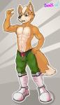 abs anthro biceps blush bulge clothed clothing gloves green_eyes handwear male muscular muscular_anthro muscular_male pecs pubes solo topless bashbl-ux nintendo star_fox fox_mccloud canid canine fox mammal absurd_res alternate_version_at_source hi_res