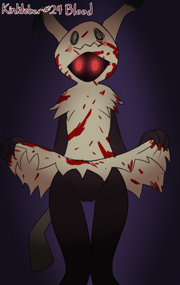 anthro blood blood_splatter bodily_fluids clothed clothing clothing_lift dress dress_lift female flashing flashing_pussy genitals glowing glowing_eyes presenting presenting_vulva slim solo vulva cybeeyoru kinktober nintendo pokemon generation_7_pokemon ghost mimikyu pokemon_(species) spirit hi_res