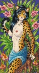 anthro bent_arm biped black_hair bottomwear breasts clothed clothing felid female flower fur green_eyes hair inner_ear_fluff leopard long_hair looking_at_viewer mammal navel nipples orchid_(flower) pantherine plant signature skimpy skirt solo spots standing stephanie_lynn tail topless traditional_media_(artwork) tuft warm_colors white_body white_fur yellow_body yellow_fur