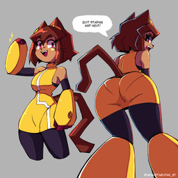 angry anthro arm_cannon big_breasts big_butt black_clothing breasts brown_body brown_hair butt butt_focus cat_tail clothed clothing dialogue eyeliner female hair looking_at_viewer looking_back looking_back_at_viewer makeup panty_lines pink_eyes pose robotic_arms short_hair simple_background smile smiling_at_viewer solo speech_bubble text thick_thighs tight_clothing weapon_arm whiskers wide_hips megustaelpan gameoverse glitch_productions kit_bodega domestic_cat felid feline felis mammal 1:1 2026 absurd_res colored hi_res