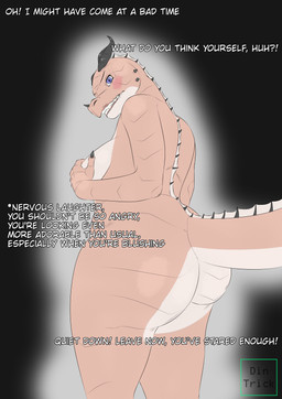 angry anthro big_breasts big_butt blue_eyes blush breasts butt claws dialogue female frill_(anatomy) head_crest head_frill horn huge_butt non-mammal_breasts red_body slightly_chubby solo tail teeth text thick_thighs wide_hips dintrick mythology dragon mythological_creature mythological_scalie scalie absurd_res english_text hi_res