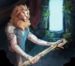 anthro clothed clothing eyebrows eyelashes hair holding_melee_weapon holding_object holding_sword holding_weapon male melee_weapon solo standing sword weapon etsu_cuprumfox hini rein_(kingrein) felid lion mammal pantherine 2020 artist_collaboration digital_media_(artwork) hi_res