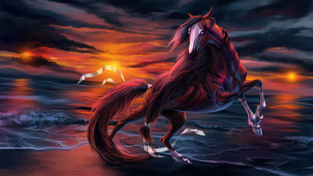ambiguous_gender brown_body brown_fur brown_hair detailed_background feral fur hair hooves long_hair sky solo sun water alaiaorax equid equine horse mammal 16:9 2016 digital_media_(artwork) hi_res