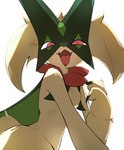ahegao anthro claws female female_anthro finger_claws frill_(anatomy) fur green_body green_fur green_tail head_tuft jagged_mouth kemono light looking_at_viewer looking_pleasured mask monotone_body monotone_fur monotone_tail neck_frill nude open_mouth pink_tongue pupils red_eyes simple_background slit_pupils solo tail tongue tongue_out tuft white_background tale_(artist) nintendo pokemon felid feline generation_9_pokemon mammal meowscarada pokemon_(species) 2024 absurd_res colored digital_media_(artwork) half-length_portrait hi_res lighting portrait