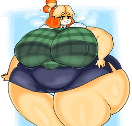 accessory anthro bell bell_accessory belly big_belly big_breasts big_butt big_nipples black_nose black_sclera blonde_eyebrows blonde_hair blue_background blue_bottomwear blue_clothing blue_skirt border bottomwear breasts butt clothing eyebrows eyelashes female green_clothing green_topwear green_vest hair hair_accessory hairband hand_on_hip hand_on_own_hip heart_symbol huge_belly huge_breasts huge_butt huge_nipples huge_thighs hyper hyper_breasts hyper_butt hyper_nipples hyper_thighs looking_at_viewer motion_lines nipple_outline nipples orange_ears overweight overweight_anthro overweight_female panties red_hairband simple_background skirt smile smiling_at_viewer solo thick_thighs three-quarter_view tight_clothing topwear underwear vest white_border white_clothing white_eyes white_panties white_underwear yellow_body dorkydog animal_crossing nintendo isabelle_(animal_crossing) canid canine canis domestic_dog mammal shih_tzu toy_dog 2026 colored digital_media_(artwork) hi_res portrait shaded three-quarter_portrait
