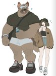 anthro biceps bottomwear clothed clothing emoticon emoticon_on_clothing female footwear fur group headgear headwear male muscular muscular_anthro muscular_male owo shirt size_difference topwear dona908 canid canine human mammal absurd_res hi_res