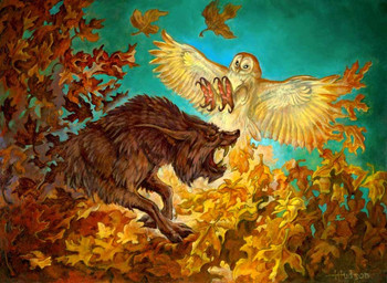 ambiguous_gender beak brown_body brown_fur duo feathered_wings feathers feet feral fight flying fur green_background leaf simple_background talons toes wings heather_hudson hasbro magic:_the_gathering wizards_of_the_coast avian bird canid canine canis mammal owl wolf official_art traditional_media_(artwork)