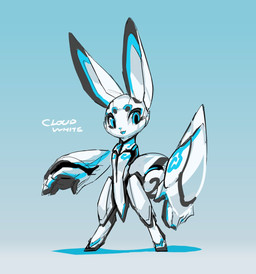 5_fingers anthro blue_eyes blue_eyeshadow blue_nose eyeshadow fingers high_collar machine makeup male mandarin_collar open_mouth side_view simple_background smile solo tail text white_body tyson_tan electric_hearts cloud_the_robot_rabbit android lagomorph leporid mammal rabbit robot 2017 english_text hi_res sketch