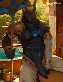 5_fingers abs anthro areola arm_markings armband armor armwear bathtub bedroom_eyes biceps black_body black_fur black_nipples black_nose black_penis black_skin blue_eyes bottomwear bottomwear_pull bracelet candy clothed clothed_anthro clothed_male clothing clothing_pull crystal dessert ear_accessory ear_clip ear_piercing egyptian external_wall eyebrows eyeliner eyeshadow fangs fingers food foreskin fur gem genitals glans gold_(metal) gold_armor gold_body gold_jewelry golden_markings grin gum half-closed_eyes half-erect harness headdress high-angle_view holding_object holding_staff holding_weapon humanoid_genitalia humanoid_penis inside jewelry lips lit_from_behind looking_at_viewer makeup male markings muscular muscular_anthro muscular_male narrowed_eyebrows narrowed_eyes navel nipple_chain nipple_piercing nipple_ring nipples outside palm_tree pants pants_pull pauldron pecs penis piercing plant pose presenting presenting_penis rim_light ring_piercing rock sand seductive shoulder_guards shoulder_markings smile smiling_at_viewer smirk smirking_at_viewer solo staff standing tail teal_eyes teeth tree vase vein wall_(structure) water weapon white_clothing white_sclera yellow_markings murizy lyra_(whitecoal) anubian_jackal arthropod canid canine canis jackal mammal 2025 absurd_res colored digital_drawing_(artwork) digital_media_(artwork) hi_res hieroglyphic_text shaded watermark