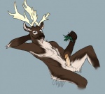 anthro antlers armpit_hair balls body_hair chest_tuft erection facial_hair fur genitals goatee horn humanoid_genitalia humanoid_penis kissing_bough looking_at_viewer male mistletoe nude penis plant reclining smile solo suggestive tuft cartoonlion deer mammal new_world_deer reindeer