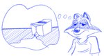 anthro half-closed_eyes male milk milk_carton narrowed_eyes simple_background solo spilled_milk thought_bubble white_background unknown_artist great_wolf_lodge the_great_wolf_pack:_a_call_to_adventure oliver_raccoon mammal procyonid raccoon 2022 blue_and_white monochrome sketch