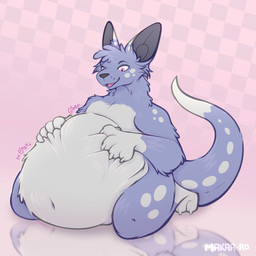 abdominal_bulge anthro anthro_pred belly bent_legs big_belly bodily_noises dialogue digestion digestion_noises front_view hand_on_belly onomatopoeia open_mouth oral_vore rumbling_stomach simple_background smile soft_vore solo sound_effects tail text vore makar-ro mammal mouse murid murine rodent 1:1 hi_res