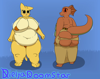 anthro big_breasts big_butt bikini blush bottomwear breasts butt clothing duo female front_view huge_breasts obese overweight rear_view skirt swimwear torn_clothing two-piece_swimsuit dielya_doomstar bethesda_game_studios microsoft oblivion prequel_adventure the_elder_scrolls katia_managan quill-weave argonian felid khajiit mammal scalie hi_res