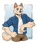 anthro blue_eyes clothed clothing fingers fur inner_ear_fluff male smile solo tail tuft anjing_kampuss grey_(anjing_kampuss) canid canine canis domestic_dog mammal hi_res