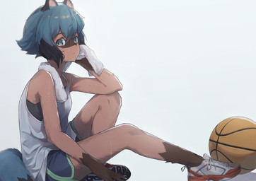 anthro ball basketball_(ball) black_body black_fur black_nose blue_body blue_eyes blue_fur blue_hair bodily_fluids bottomwear brown_body brown_fur clothed clothing dipstick_tail dolphin_shorts female fingers fluffy fluffy_tail footwear fur hair markings shoes shorts simple_background sitting solo sweat tail tail_markings topwear towel white_background yossui1126 brand_new_animal studio_trigger michiru_kagemori canid canine mammal raccoon_dog tanuki absurd_res hi_res