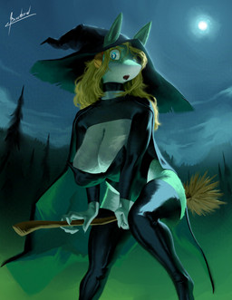 anthro big_breasts blonde_hair blue_body blue_eyes blue_fur breasts choker cleavage clothed clothing female fur hair hat headgear headwear jewelry legwear leotard moon necklace night nipple_outline outside plant solo thick_thighs thigh_highs tree wide_hips witch_hat blulesnsfw my_hero_academia ippan_josei canid canine fox mammal quirked_human_(my_hero_academia) absurd_res hi_res
