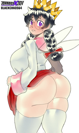 big_butt black_hair bottomwear braided_pigtails butt clothed clothing crown eyelashes eyewear female glasses hair headgear insect_wings legwear looking_at_viewer looking_back looking_back_at_viewer no_underwear purple_eyes raised_bottomwear raised_clothing raised_skirt rear_view red_bottomwear red_bow red_clothing red_skirt round_glasses simple_background skirt solo tan_body tan_skin thick_thighs thigh_highs topwear white_background white_clothing white_legwear white_thigh_highs white_topwear wide_hips wings blackchaos64 johnboyx kirby_(series) nintendo fairy_queen_(kirby) fairy humanoid winged_humanoid hi_res