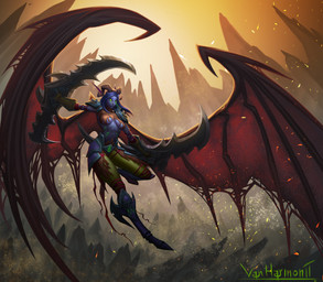 armor big_wings blue_body blue_hair demon_hunter embers female flying hair holding_melee_weapon holding_object holding_weapon hooves horn humanoid_pointy_ears melee_weapon membrane_(anatomy) membranous_wings not_furry pointy_ears solo unconvincing_armor weapon wings vanharmontt blizzard_entertainment warcraft elf humanoid night_elf absurd_res hi_res