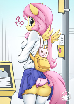 anthro anthrofied backpack blue_eyes bottomwear butt clothed clothing female furgonomics hair legwear looking_back panties pink_hair question_mark rear_view skirt solo tail tail_through_skirt thigh_highs underwear wings mysticalpha friendship_is_magic hasbro my_little_pony mythology fluttershy_(mlp) equid equine horse mammal mythological_creature mythological_equine pegasus pony 2020 hi_res