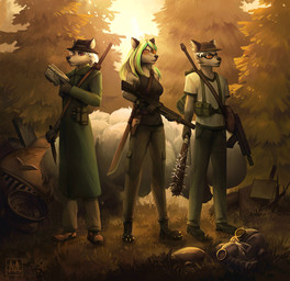 anthro black_nose breasts clothed clothing detailed_background eyewear female fur glasses grass green_hair grey_body grey_fur group gun hair holding_gun holding_object holding_ranged_weapon holding_weapon knife long_hair male multicolored_hair outside plant ranged_weapon red_eyes standing two_tone_hair weapon white_hair andyd fallout microsoft canid canine canis domestic_dog mammal 2019 digital_media_(artwork) shaded