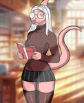 5_fingers anthro book bottomwear breasts clothing detailed_background eyelashes eyewear female fingers glasses grey_hair hair inside legwear library long_hair long_tail looking_at_viewer red_body red_eyes red_scales scales skirt smile snout solo sweater tail thigh_highs toony topwear dizzy_weas cavemanon_studios snoot_game theresa_(snoot_game) dinosaur hadrosaurid ornithischian ornithopod parasaurolophus prehistoric_species reptile scalie 2024 digital_drawing_(artwork) digital_media_(artwork) hi_res