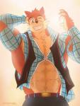 abs anthro bottomwear brown_eyes camo chest_tuft clothing male muscular muscular_anthro muscular_male shirt shorts solo topwear tuft moomae_(artist) wuffle_(webcomic) wuffle canid canine canis mammal wolf hi_res