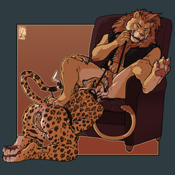andromorph andromorph/andromorph anthro body_hair bottomless brown_hair chair clothed clothed/nude clothed_andromorph clothed_anthro clothed_intersex clothing collar collar_only cunnilingus dominant dominant_andromorph dominant_intersex duo feet fingering fingering_self fur furniture hair happy_trail hindpaw intersex intersex/intersex leash leash_pull mane markings masturbation nude nude_andromorph nude_anthro nude_intersex oral pawpads paws rough_oral sex sitting spots spotted_body tail tail_tuft tongue tongue_out topwear topwear_only tuft vaginal vaginal_fingering vest vest_only whiskers yellow_body yellow_fur heskynn mil_(heskynn) reggie_(vorell) felid jaguar lion mammal pantherine 1:1 digital_media_(artwork) hi_res