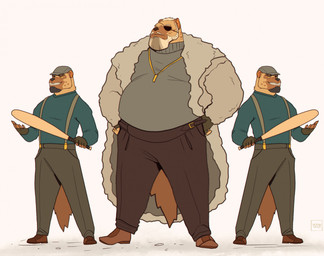 anthro baseball_bat bat_(object) beard belly belt biceps big_belly blue_clothing blue_shirt blue_topwear bottomwear brown_belt brown_body brown_bottomwear brown_clothing brown_coat brown_footwear brown_fur brown_pants brown_shoes brown_topwear clothing coat eye_patch eyewear facial_hair fingerless_gloves flat_cap footwear fur gang gangster gloves gold_(metal) gold_jewelry gold_necklace green_bottomwear green_clothing green_fingerless_gloves green_gloves green_handwear green_pants grey_beard grey_clothing grey_facial_hair grey_hair grey_hat grey_headwear grey_mustache grey_shirt grey_sideburns grey_topwear group hair hands_on_hips handwear hat headgear headwear henchmen holding_baseball_bat intimidation jewelry looking_at_viewer male manly markings menancing musclegut muscular muscular_anthro muscular_male mustache necklace pants shirt shoes sideburns simple_background smile smiling_at_viewer smirk smirking_at_viewer spots spotted_body spotted_markings standing suspenders tail thick_arms threatening threatening_with_weapon topwear tough_guy trio white_background yellow_eyes vetrowolf hyena mammal spotted_hyena hi_res