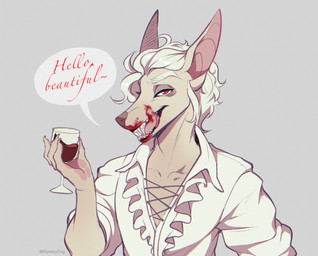 blood blood_on_face bodily_fluids clothed clothing container cup drinking_glass glass glass_container glass_cup holding_container holding_cup holding_drinking_glass holding_object holding_wine_glass male solo speech_bubble teeth wine_glass mystery.dog baldur's_gate baldur's_gate_3 larian_studios astarion_(baldur's_gate) canid canine canis dobermann domestic_dog mammal pinscher vampire 2023 digital_media_(artwork) hi_res