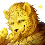 anthro blonde_hair coin fur hair leopard_spots male scarf simple_background solo spots twinkle yellow_body yellow_eyes yellow_fur shabi96522 journey_to_the_west felid leopard mammal pantherine bust_portrait portrait