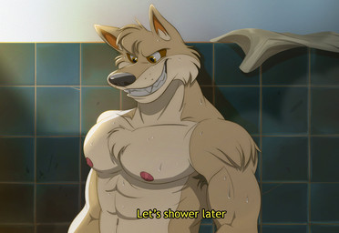 abs anthro armpit_hair bathing biceps bodily_fluids body_hair clothed clothing countershade_neck countershade_torso countershading gym_shower male muscular muscular_anthro muscular_male nipples nude pecs showering showing_teeth smile smirk solo steam sweat sweaty_clothing text topless yellow_eyes drunkennoodler diggs_(drunkennoodler) canid canine canis mammal werecanid werecreature wolf 2022 english_text hi_res