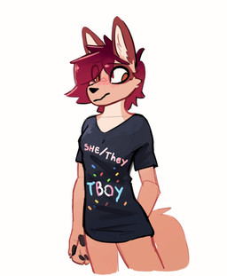 ambiguous_anthro ambiguous_gender anthro black_clothing black_pawpads black_shirt black_topwear blush blush_lines claws clothed clothing countershade_fur countershade_neck countershade_torso countershading embarrassed eye_through_hair eyebrow_through_hair eyebrows fur fur_tuft hair lgbt_pride looking_away orange_eyes pawpads pride_colors pronouns red_hair shirt simple_background snout solo tail text topwear transgender_pride_colors translucent translucent_hair tuft white_background enginetrap syl_(enginetrap) canid canine canis jackal mammal 2025 english_description english_text hi_res sketch trans_(lore)