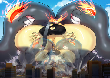 2_toes 5_fingers afterimage anthro big_breasts big_butt big_hands black_body black_clothing black_shirt black_tank_top black_topwear body_size_growth bottomless bottomless_anthro bottomless_female breasts butt city claws cleavage_cutout clothed clothing cloud cowlick cutout feet female fingers fire genitals growth hair huge_breasts huge_butt huge_hips huge_thighs hyper hyper_butt hyper_hips hyper_thighs long_hair looming macro multicolored_body navel nipple_outline pokemorph red_eyes sharp_teeth shirt size_transformation sky solo tank_top teeth thick_calves thick_thighs toes topwear transformation vulva wide_hips wide_stance yellow_body arinadler nintendo pokemon rachael_bluebird_(pelleelle) alpha_pokemon generation_6_pokemon mega_evolution mega_mawile pokemon_(species) hi_res