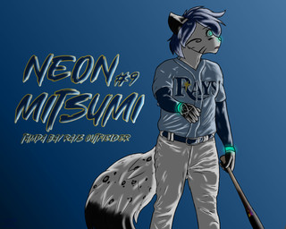anthro baseball_(sport) baseball_bat baseball_uniform bat_(object) belt blue_eyes blue_hair blue_nose bottomwear clothing gloves glowing glowing_clothing glowing_eyes gradient_background hair handwear jersey light long_sleeves male open_mouth pants shirt simple_background solo sport sportswear spots surprised tail text topwear uniform jordanos21 mlb tampa_bay_rays neon_mitsumi felid mammal pantherine snow_leopard 5:4 lighting
