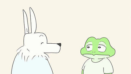 anthro biped black_nose clothing duo eyes_closed green_body kemono long_nose shirt simple_background topwear white_body panda_po amphibian canid canine canis domestic_dog frog mammal 2024 animated animated_gif short_playtime