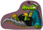 3_toes ambiguous_gender annoyed anthro beanie bottomwear clothing cybernetics electronics feet hat headgear headphones headwear hoodie long_tail machine metal_tail pants prosthetic sitting solo standing tail toes topwear zipper tikara lethal_league latch crocodile crocodilian reptile scalie