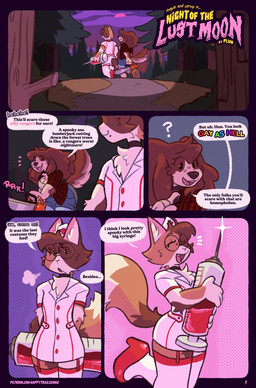 anthro big_syringe breasts chainsaw chest_tuft choker cleavage clothed clothing dialogue emanata eyewear female female_anthro femboy freckles glasses headgear headwear inner_ear_fluff jewelry legwear male male_anthro necklace night nurse_clothing nurse_headwear outside plant pose power_tool question_mark rainbow_text speech_bubble tail text thigh_highs tools tree tuft walking puppeypawbs maple_(puppeypawbs) syrup_(puppeypawbs) bird_dog calico_cat canid canine canis domestic_cat domestic_dog felid feline felis hunting_dog mammal spaniel 2025 comic english_text hi_res url