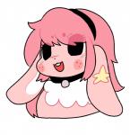 anthro black_eyes blush buckteeth collar female freckles fur hair long_hair open_mouth pink_body pink_fur pink_hair rosy_cheeks simple_background smile solo teeth white_background furbait_(artist) kyaru_(character) lagomorph leporid mammal rabbit 2019 digital_media_(artwork)